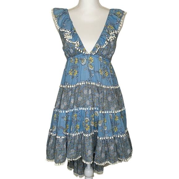 Zimmermann Caravan Tiered Sun Dress Splice Blue Floral Ruffle Pom Pom Trim Mini - Picture 6 of 13